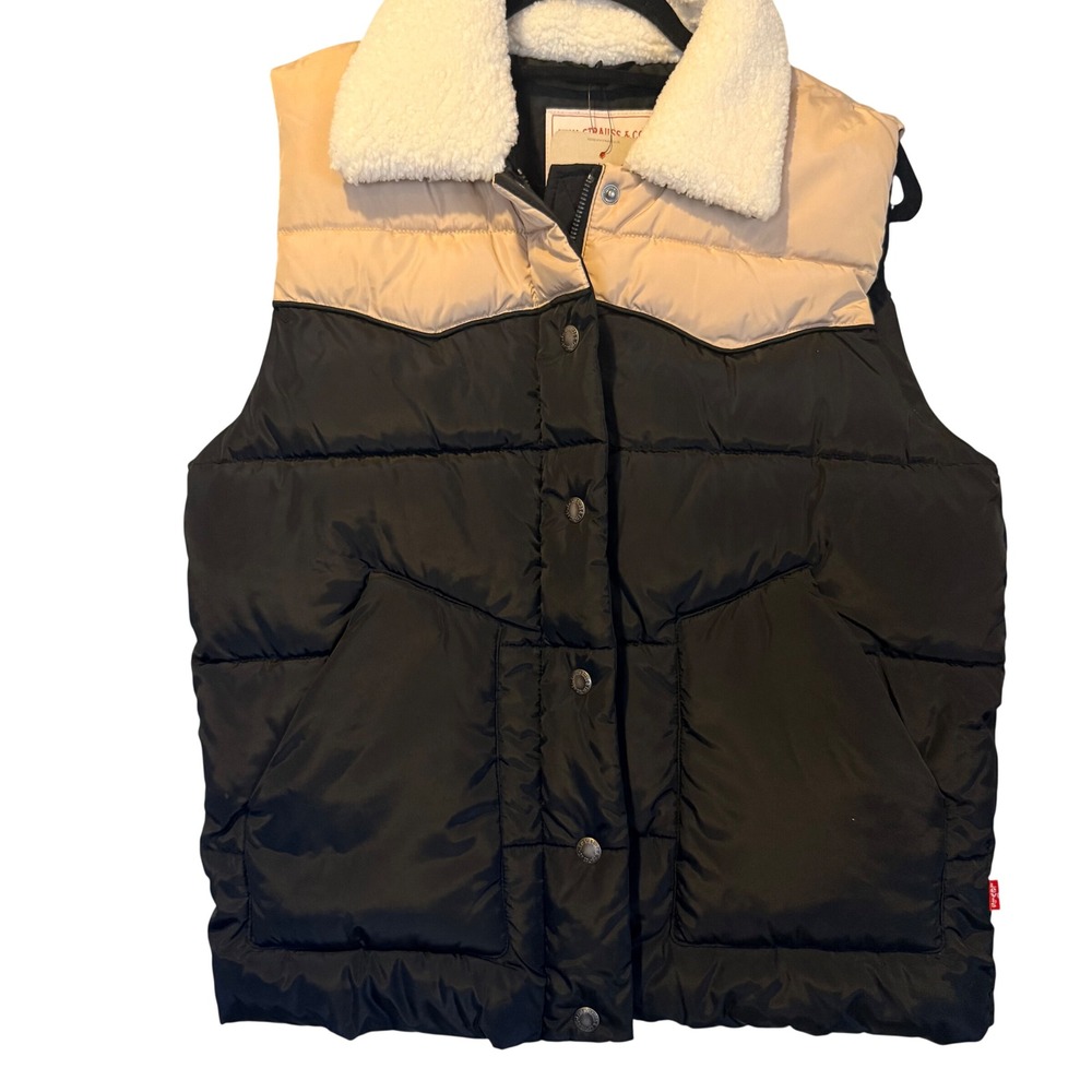 NWT Levi Strauss Co Puffer Vest Sherpa Collar Color Block Black Tan XS Western